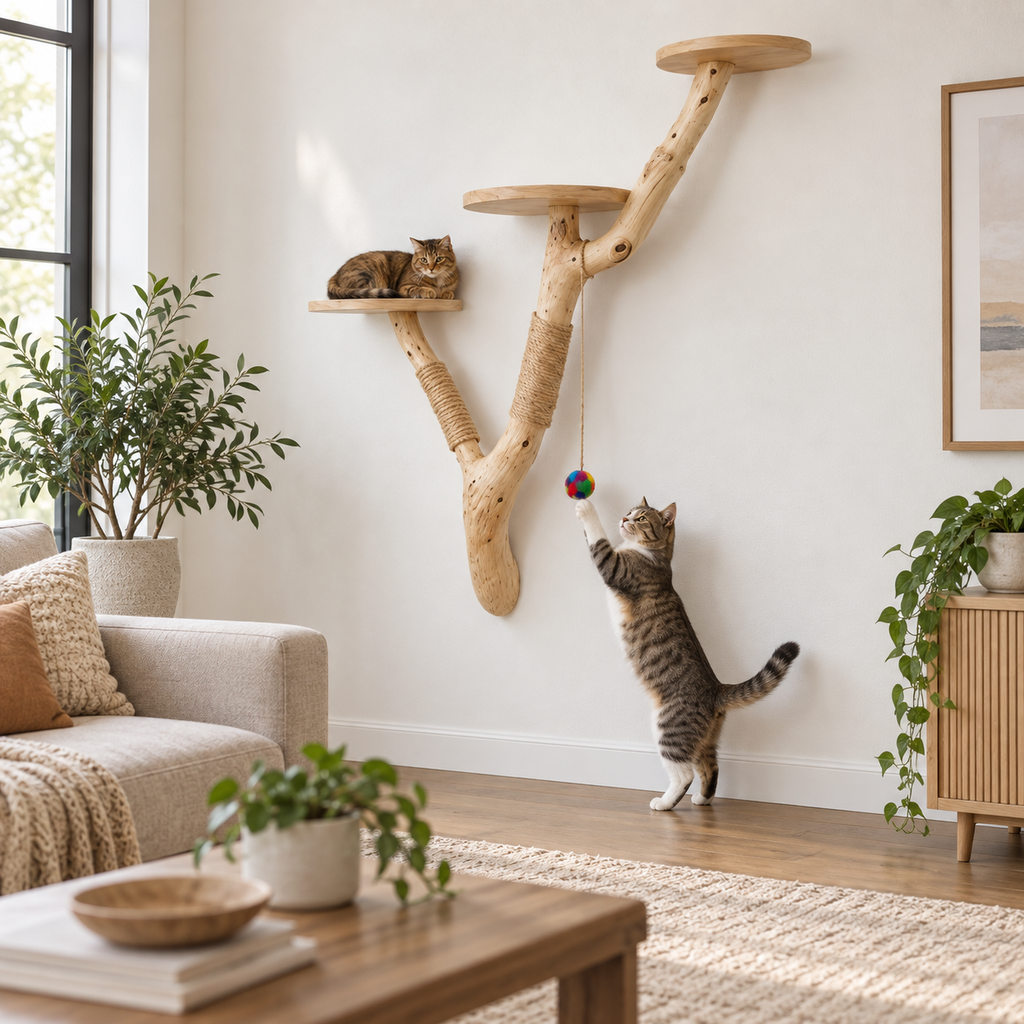 Handcrafted Wall-Mounted Natural Wood Cat Tree with Sisal