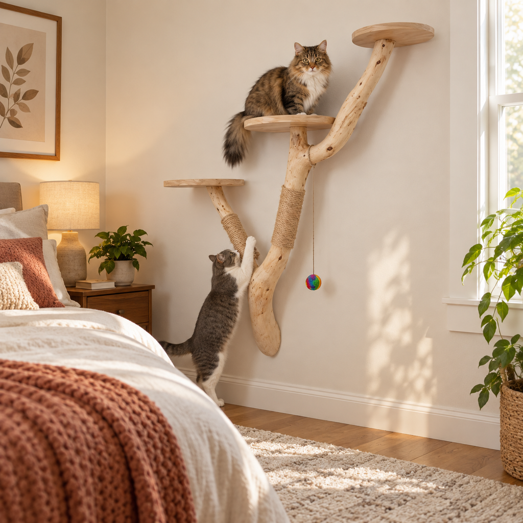 Handcrafted Wall-Mounted Natural Wood Cat Tree with Sisal