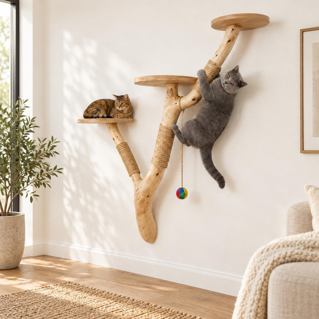 Handcrafted Wall-Mounted Natural Wood Cat Tree with Sisal