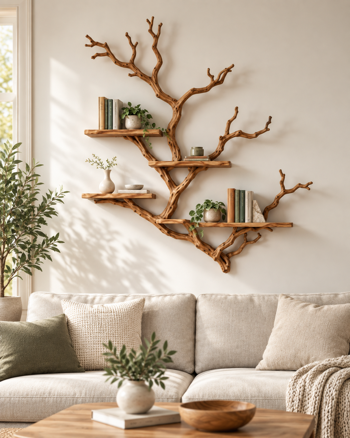 Large Natural Branch Wall Bookshelf