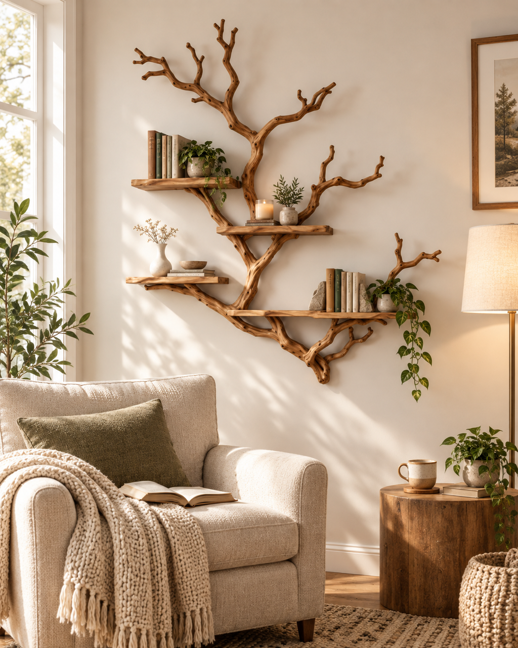 Large Natural Branch Wall Bookshelf
