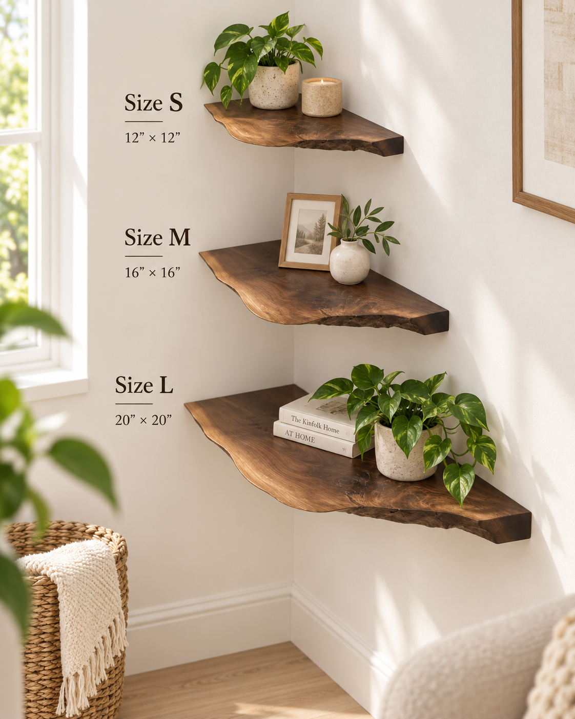 Live Edge Solid Wood Corner Shelves Size S