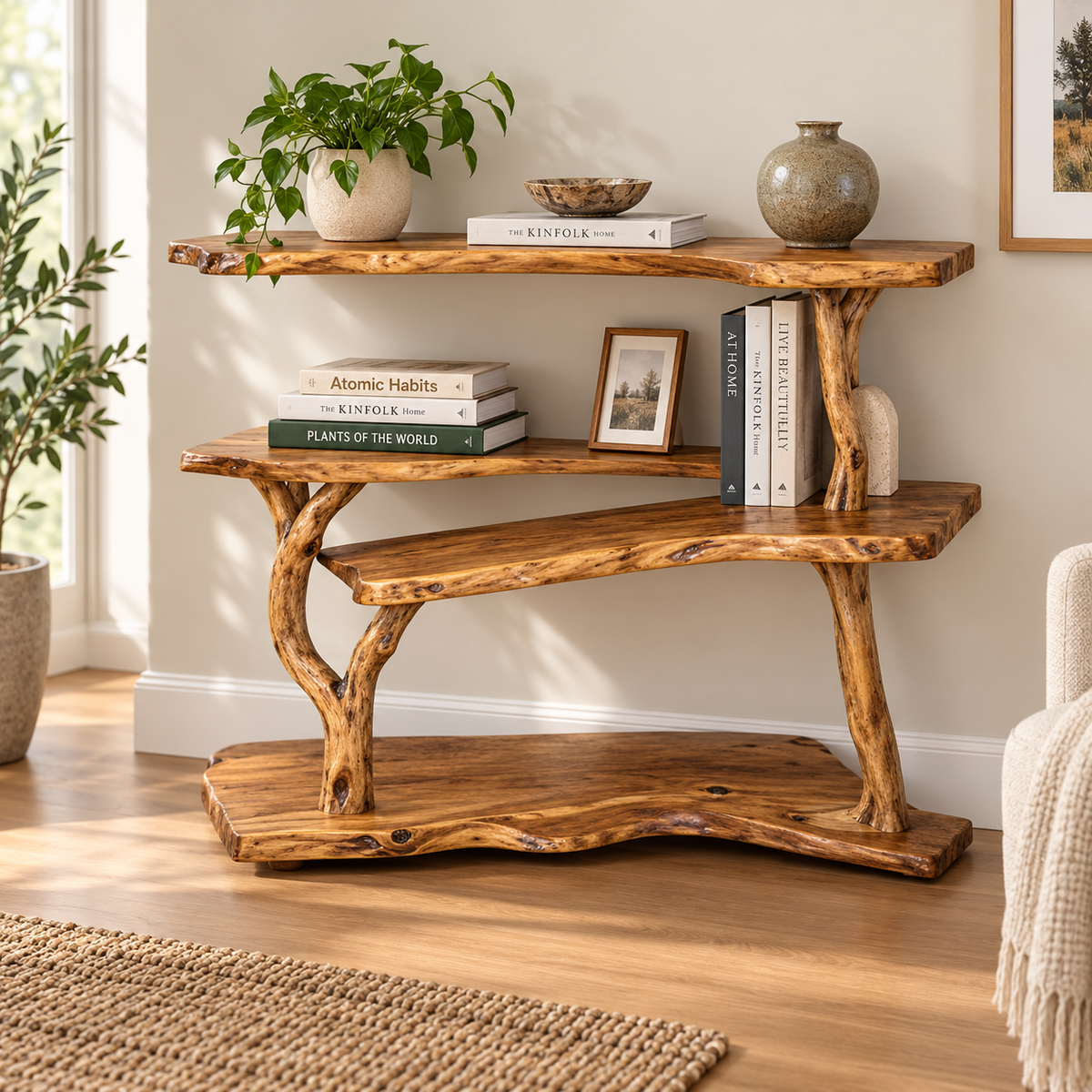 Live Edge Tree Branch Console Bookshelf