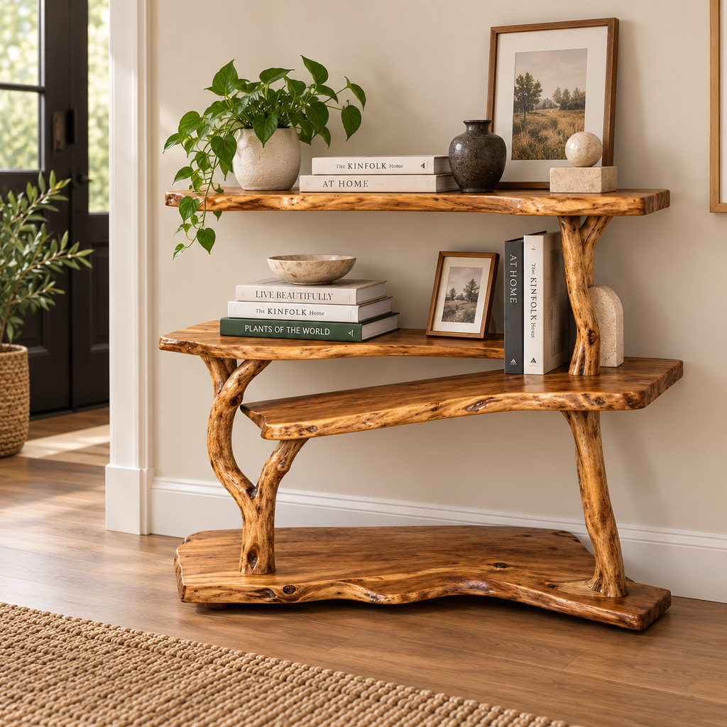 Live Edge Tree Branch Console Bookshelf