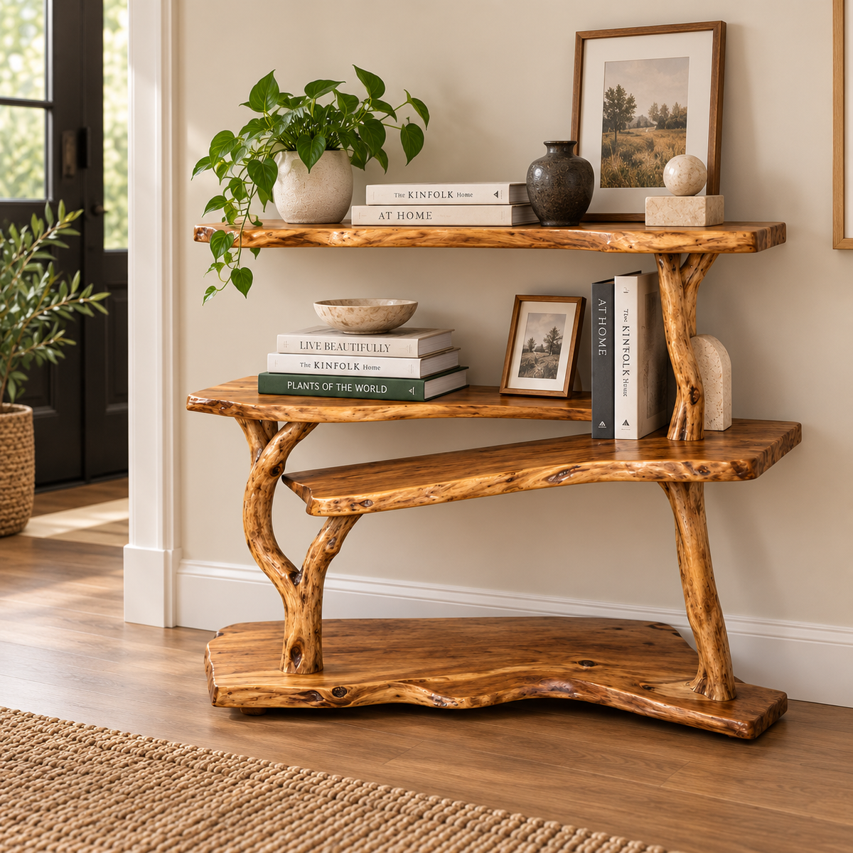 Live Edge Tree Branch Console Bookshelf