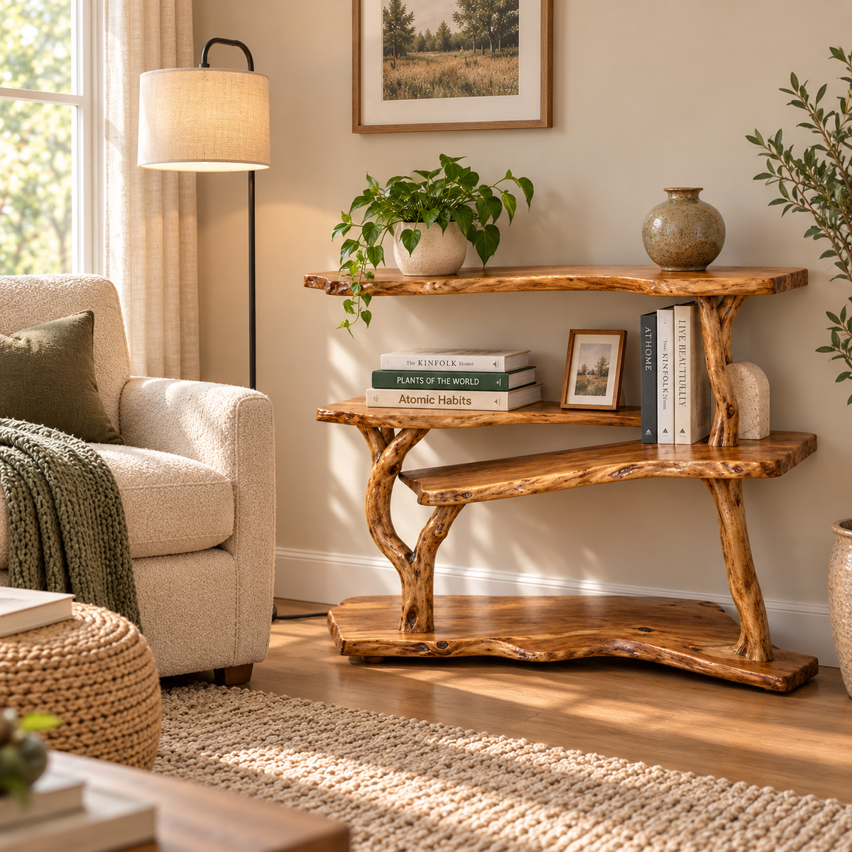 Live Edge Tree Branch Console Bookshelf