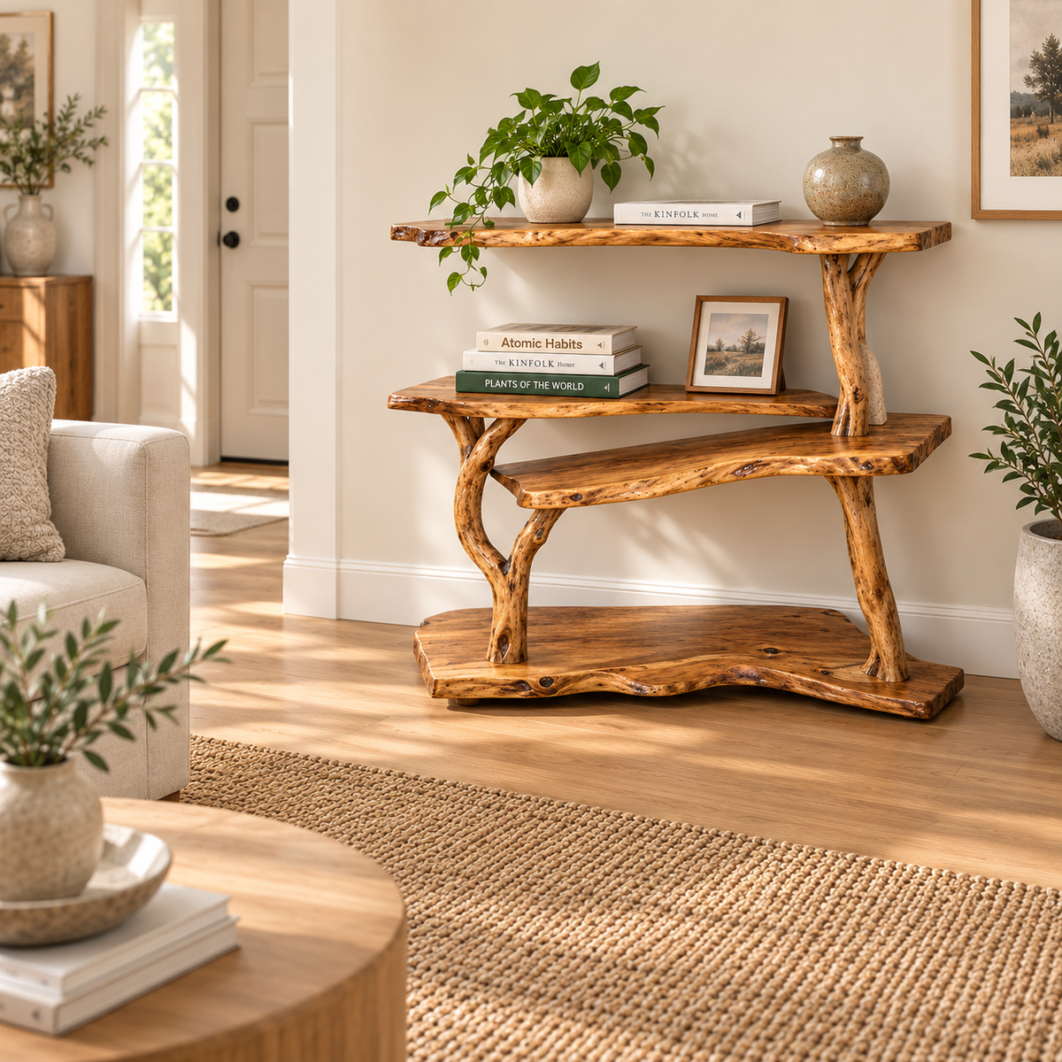 Live Edge Tree Branch Console Bookshelf