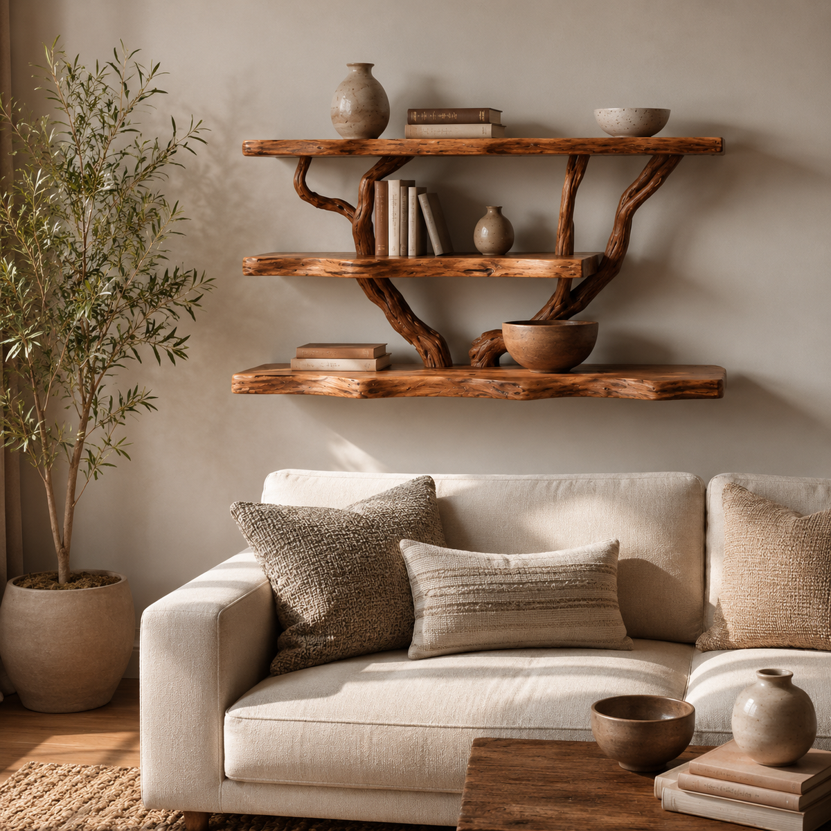 Live Edge Tree Branch Shelf – Natural Wood Wall Bookshelf