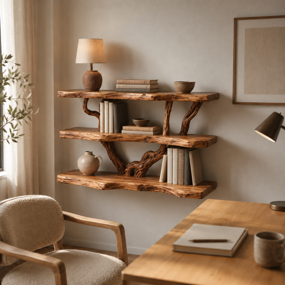 Live Edge Tree Branch Shelf – Natural Wood Wall Bookshelf