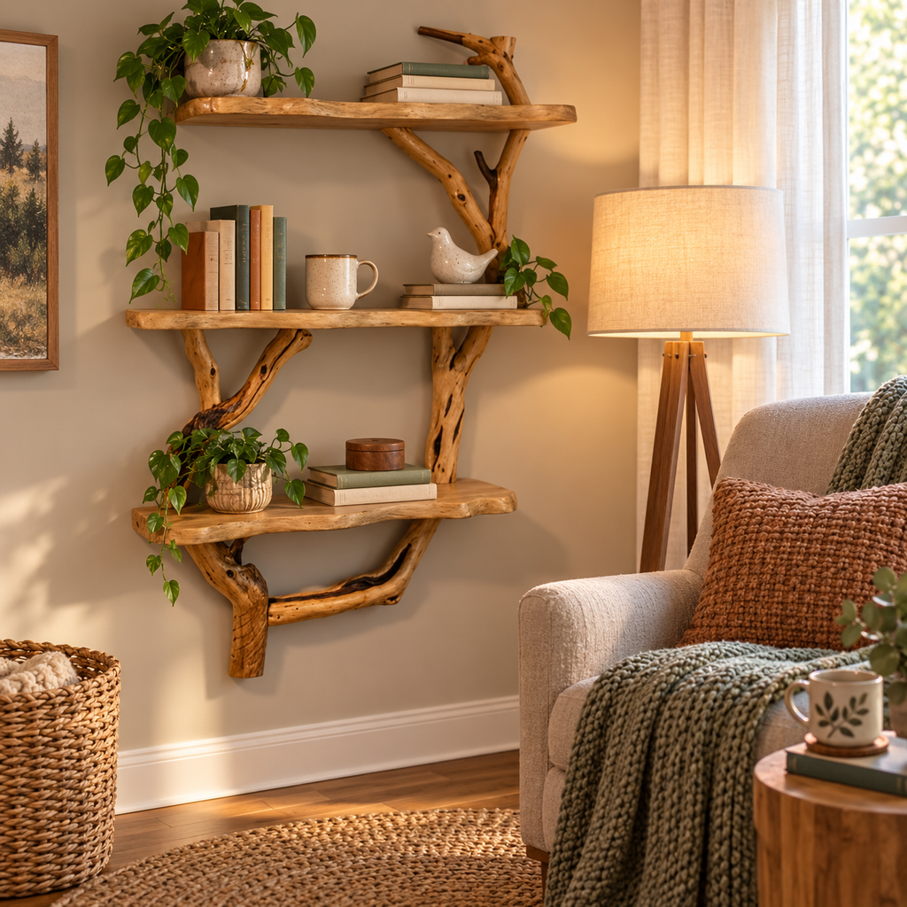 Narrow Vertical Driftwood Tree Wall Shelf