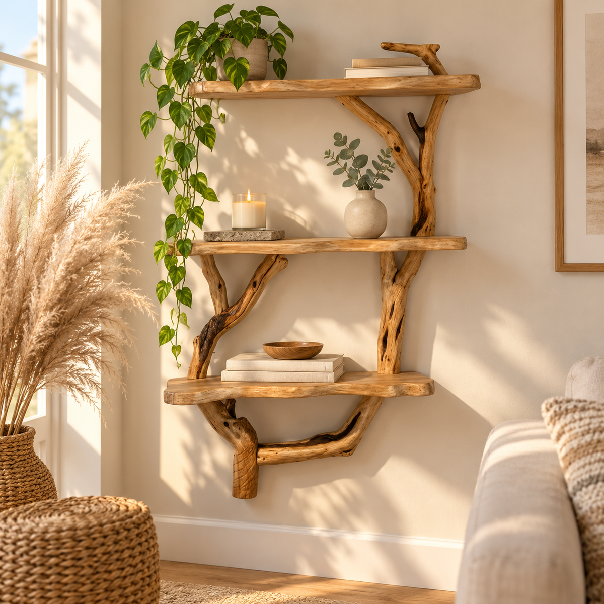 Narrow Vertical Driftwood Tree Wall Shelf