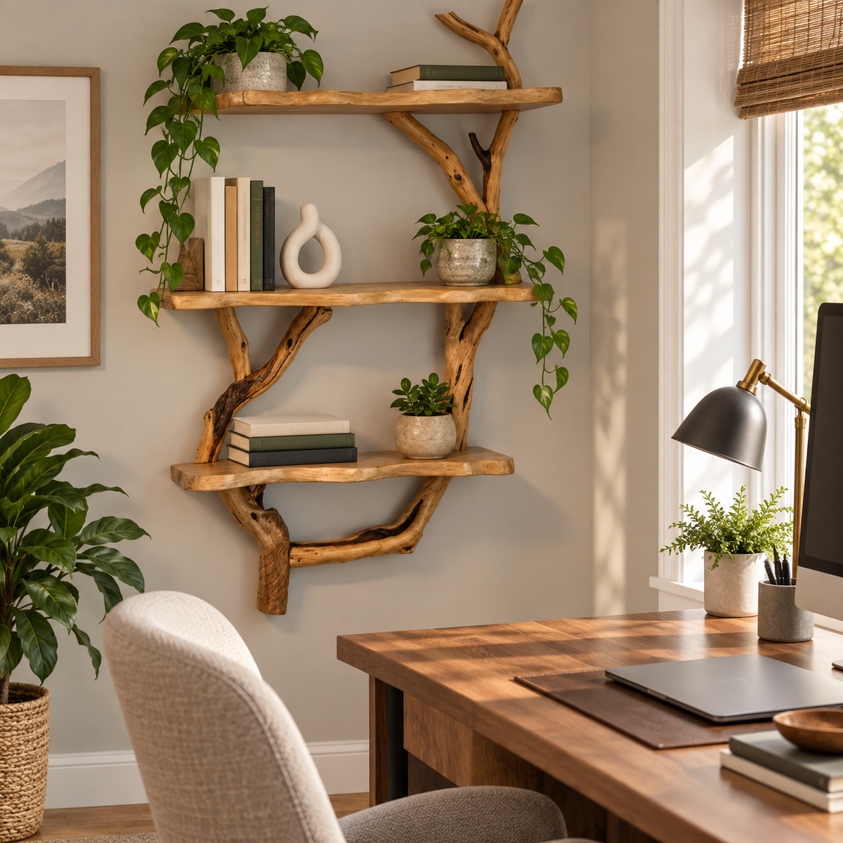 Narrow Vertical Driftwood Tree Wall Shelf