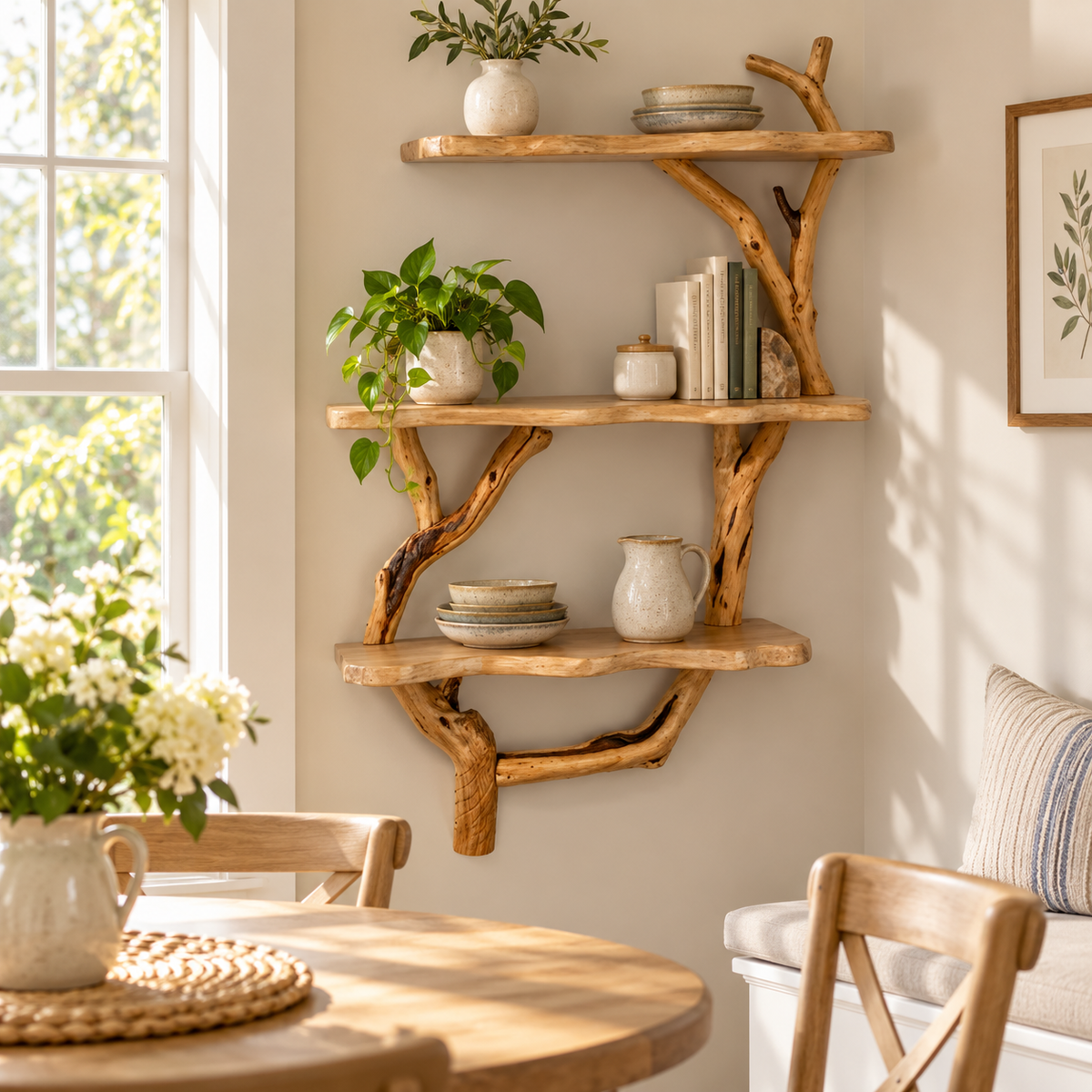 Narrow Vertical Driftwood Tree Wall Shelf