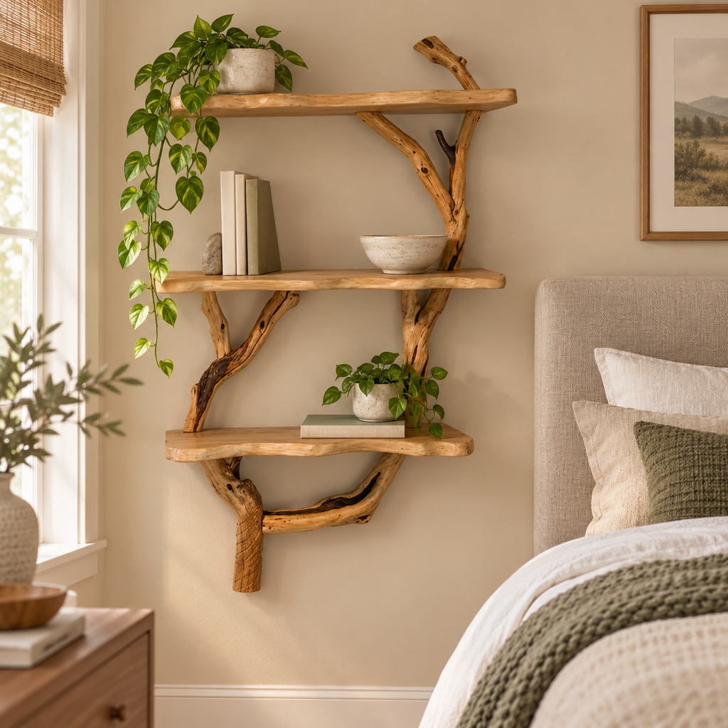 Narrow Vertical Driftwood Tree Wall Shelf