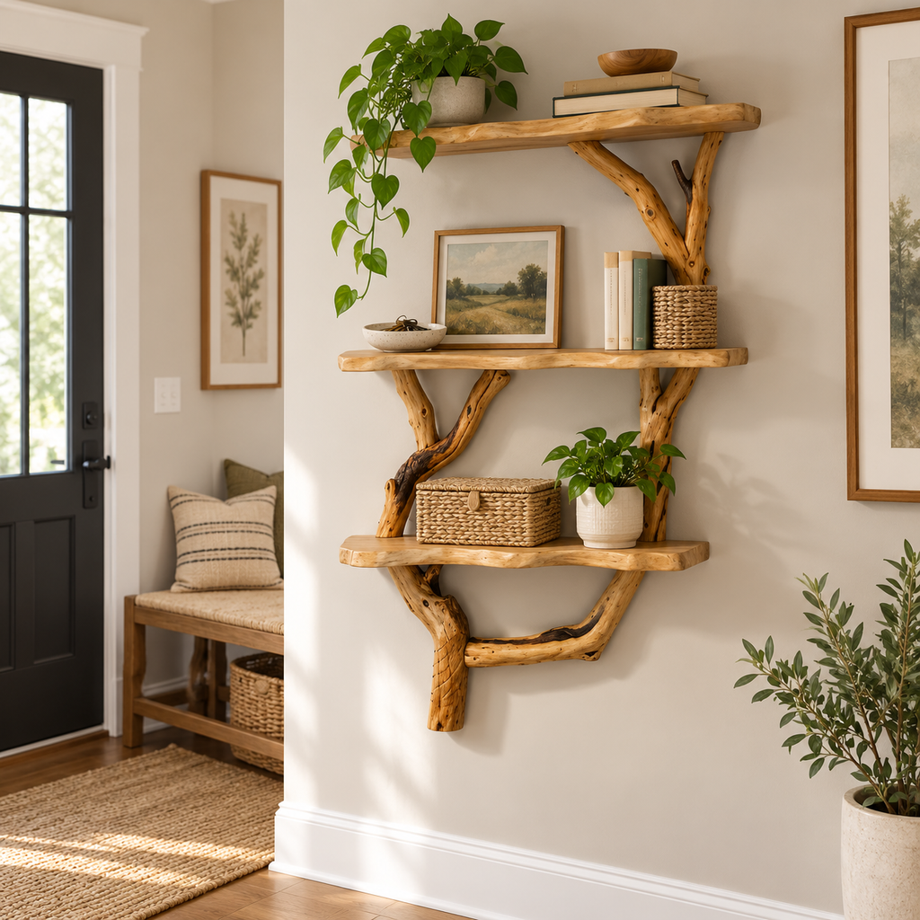 Narrow Vertical Driftwood Tree Wall Shelf