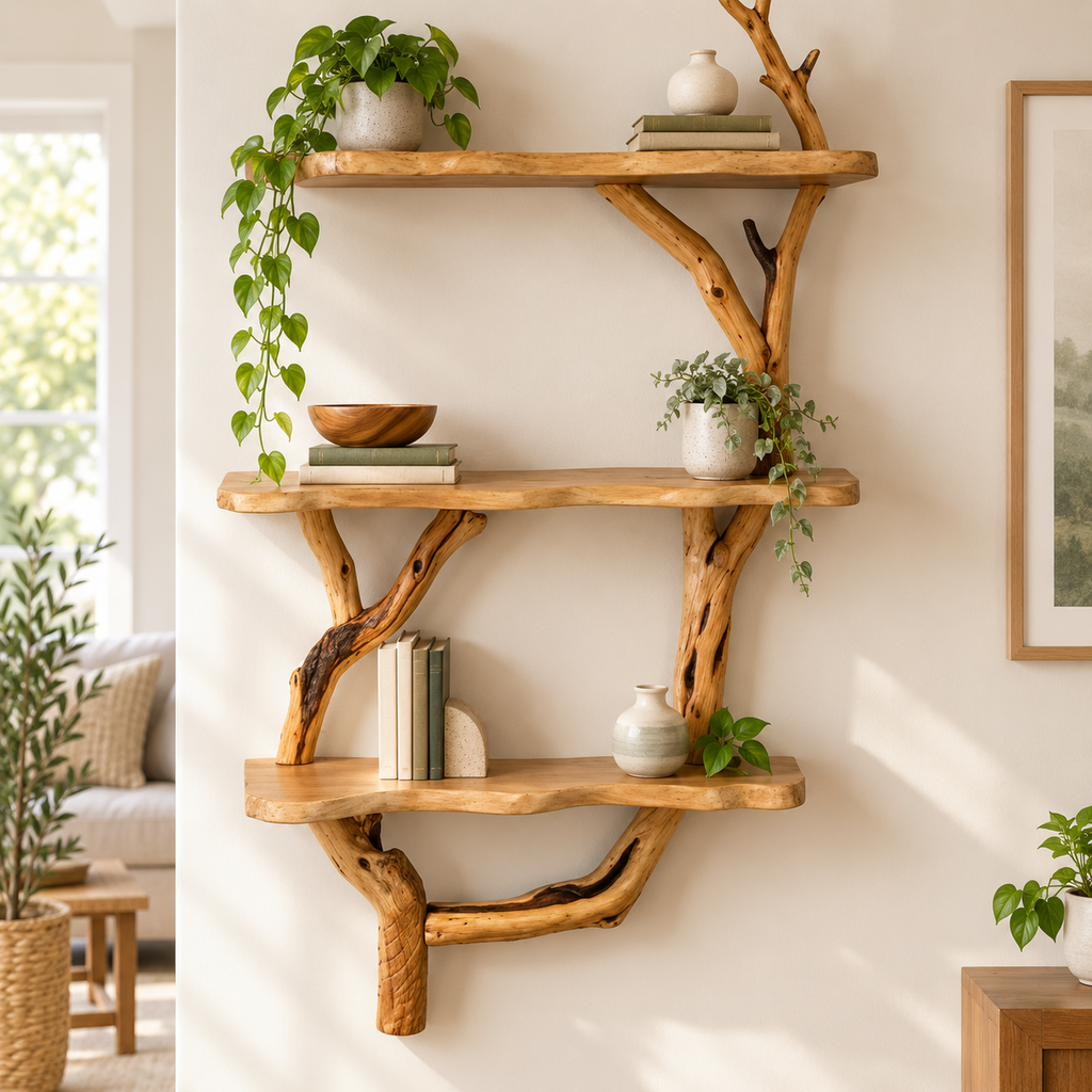 Narrow Vertical Driftwood Tree Wall Shelf