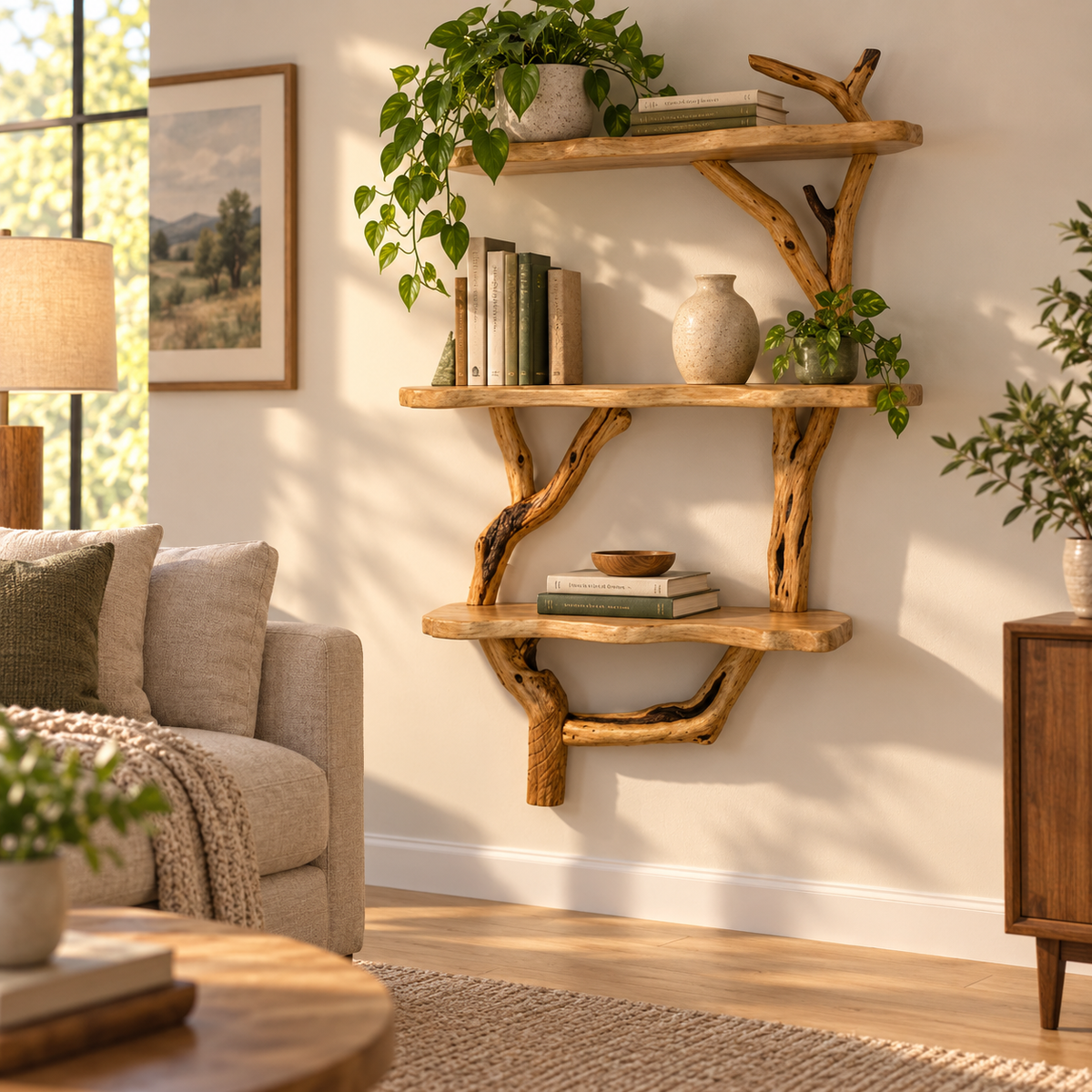 Narrow Vertical Driftwood Tree Wall Shelf