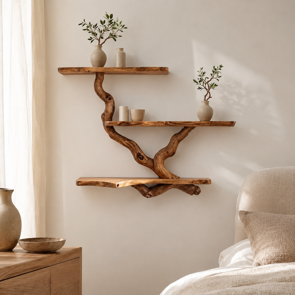Natural Branch Floating Shelf – Live Edge Wood Wall Shelf
