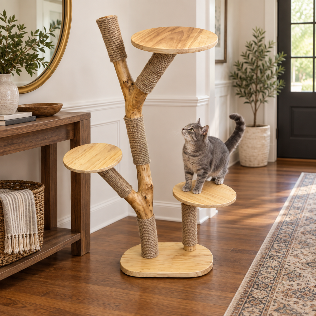 Natural Wood Cat Tree and Sisal Scratching Tower