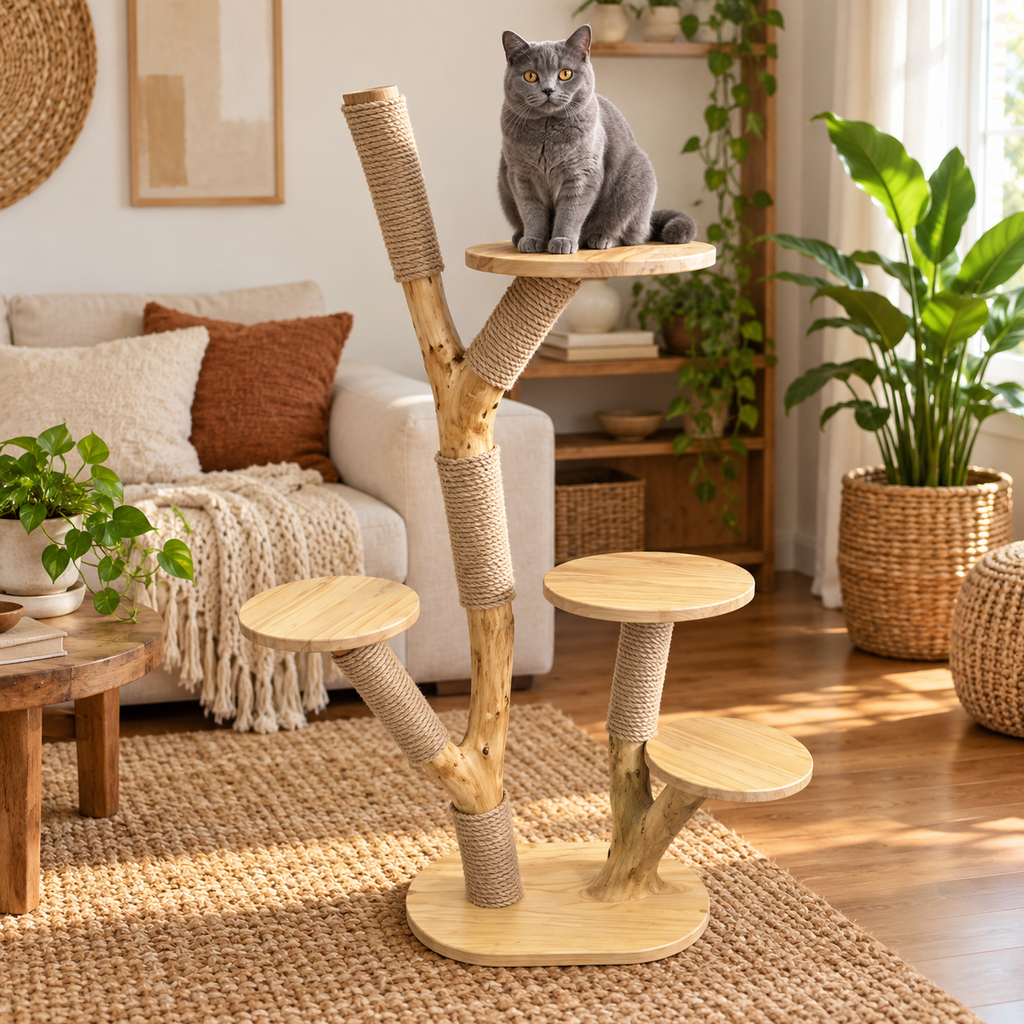 Natural Wood Cat Tree and Sisal Scratching Tower
