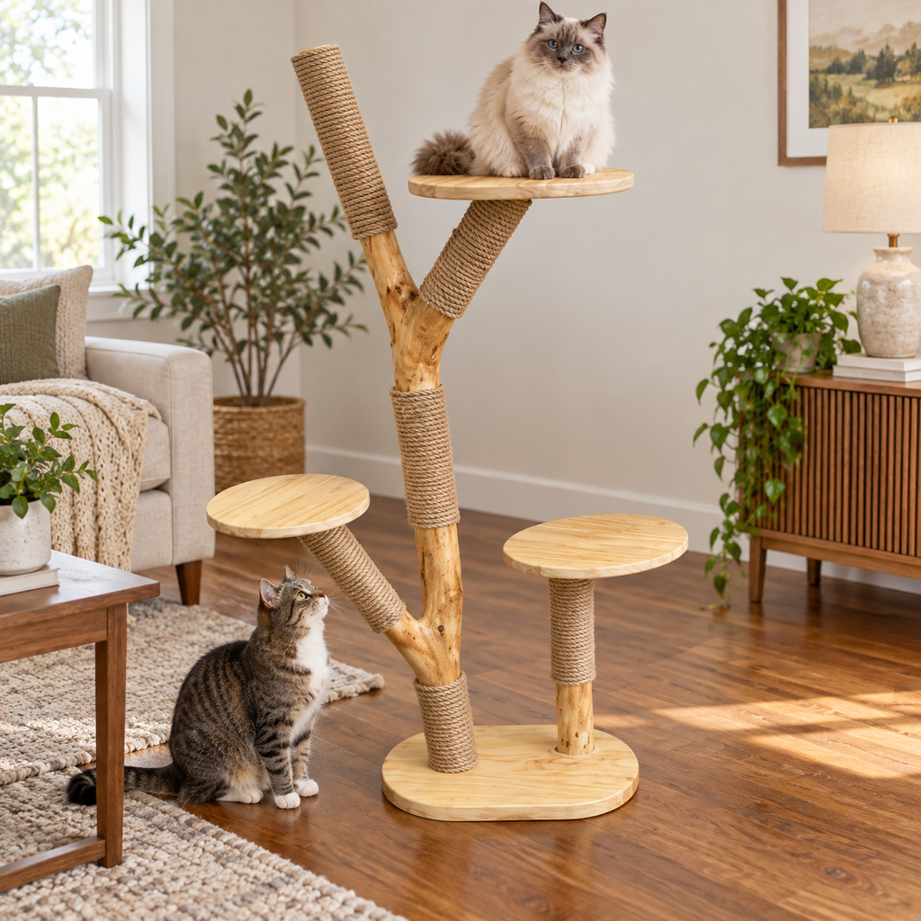 Natural Wood Cat Tree and Sisal Scratching Tower