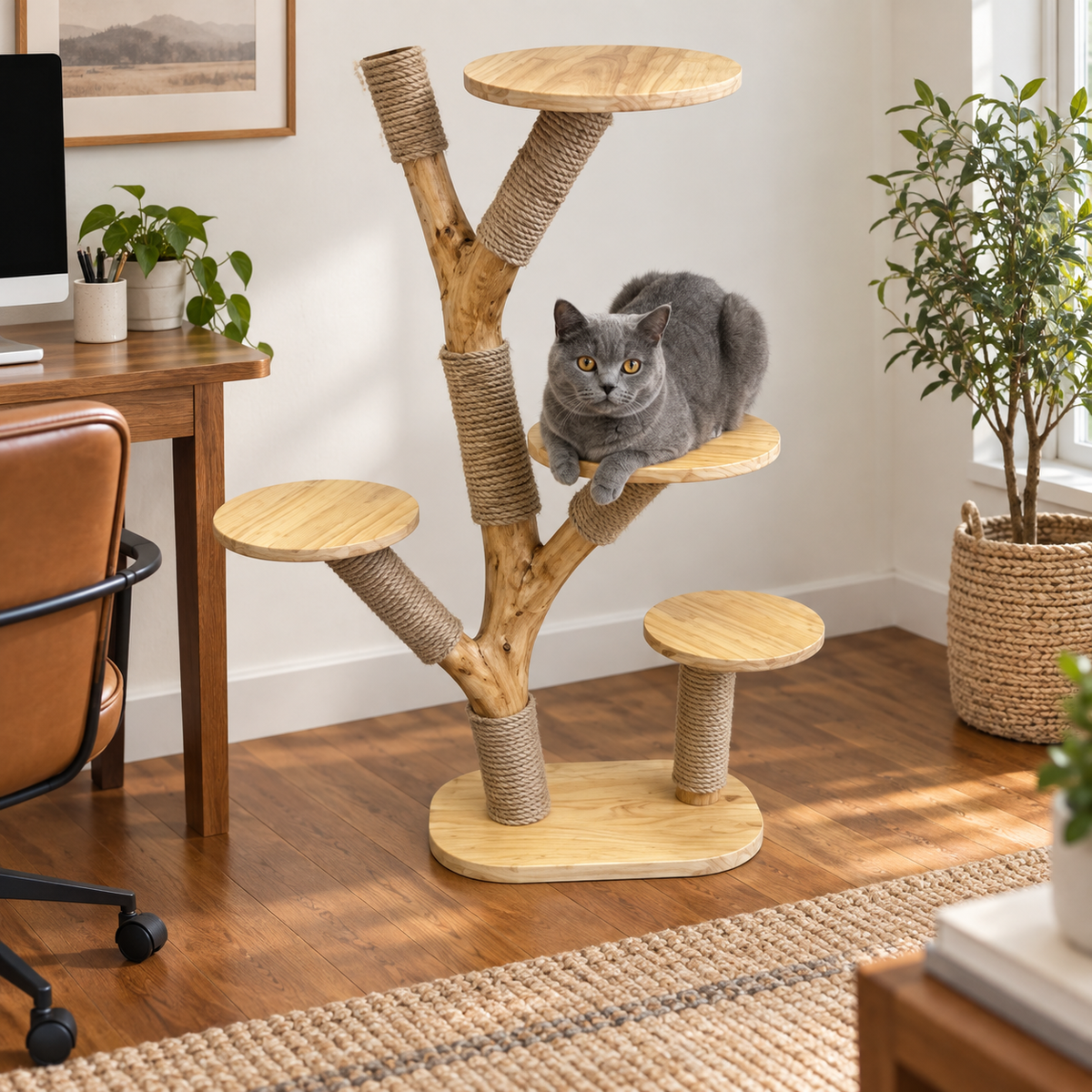 Natural Wood Cat Tree and Sisal Scratching Tower