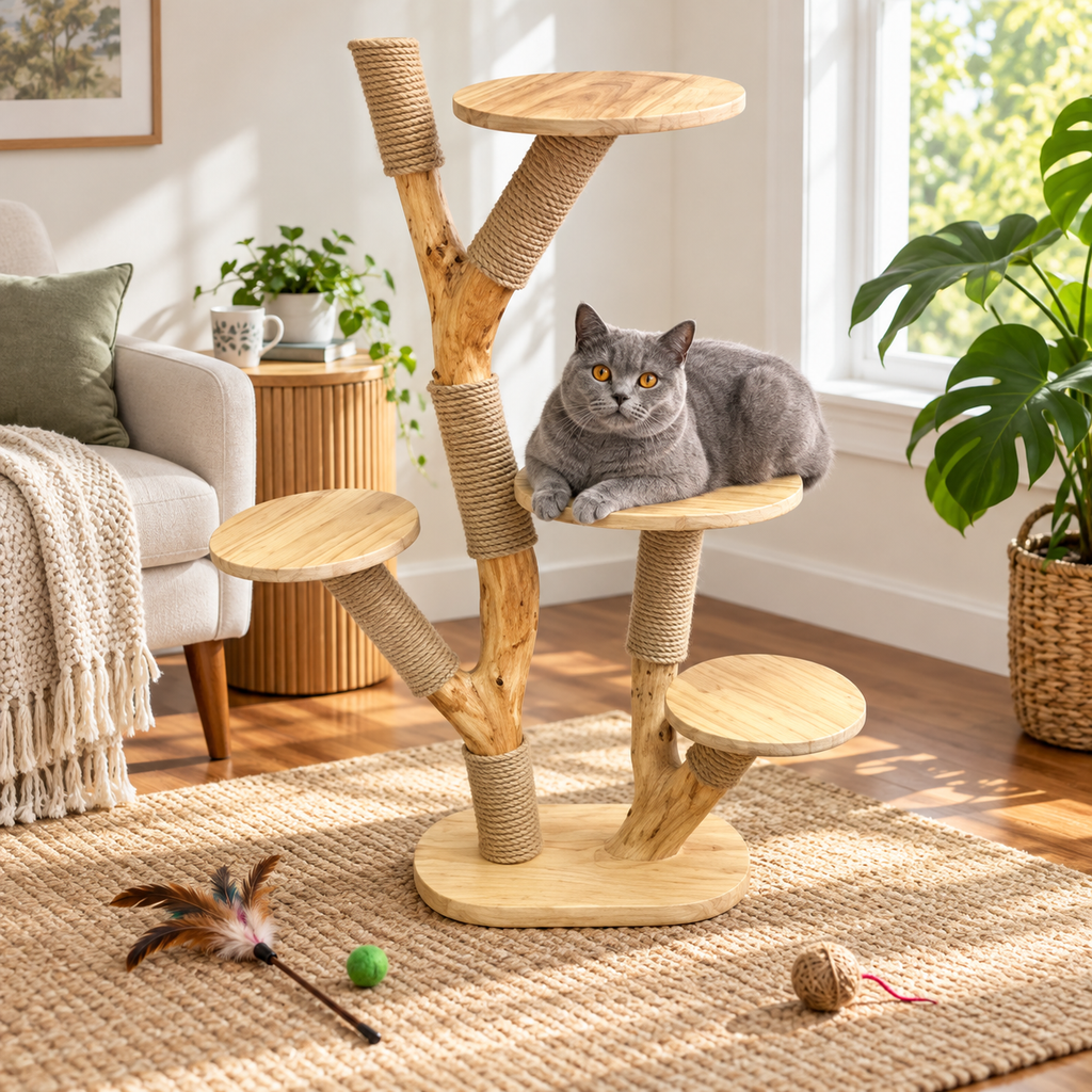 Natural Wood Cat Tree and Sisal Scratching Tower