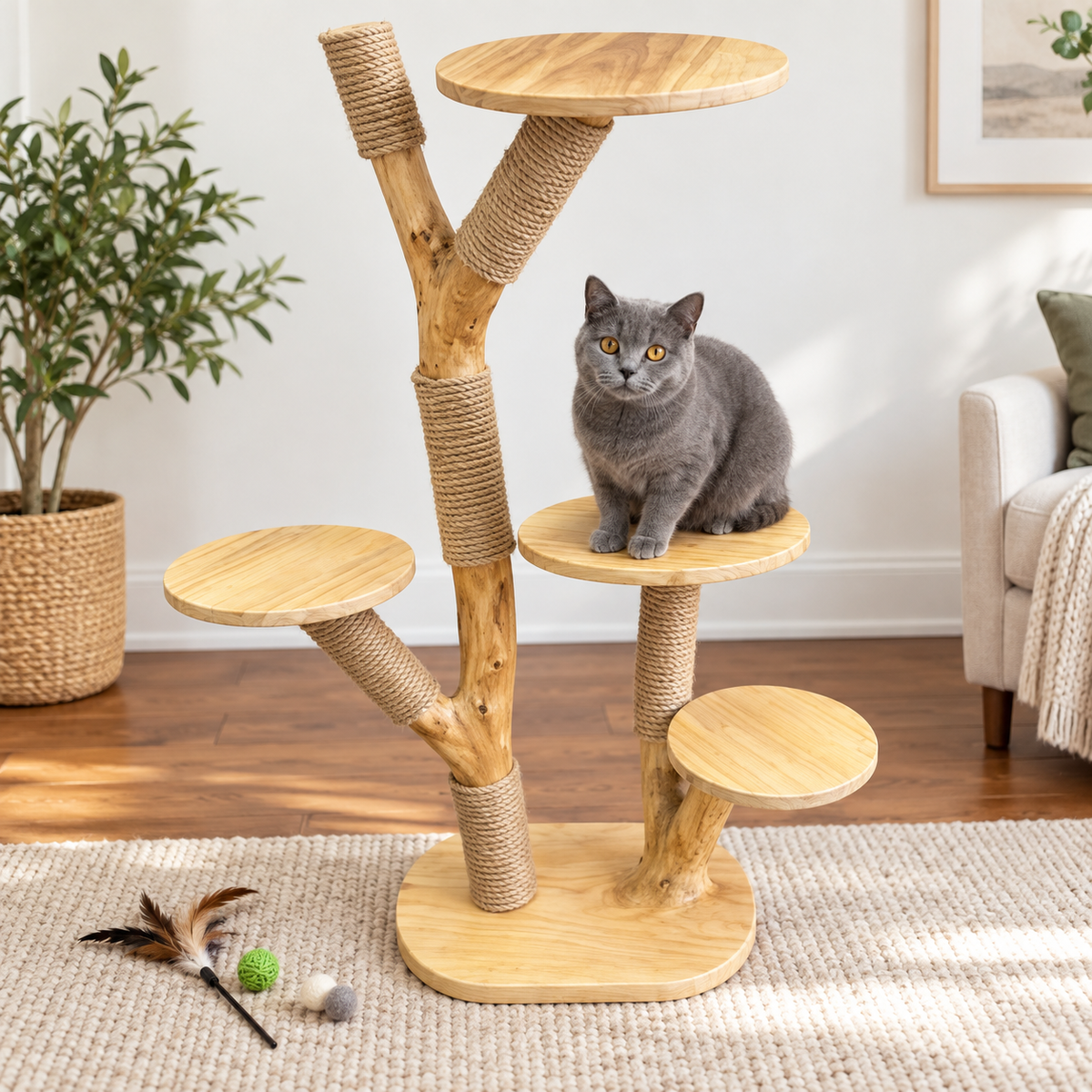 Natural Wood Cat Tree and Sisal Scratching Tower