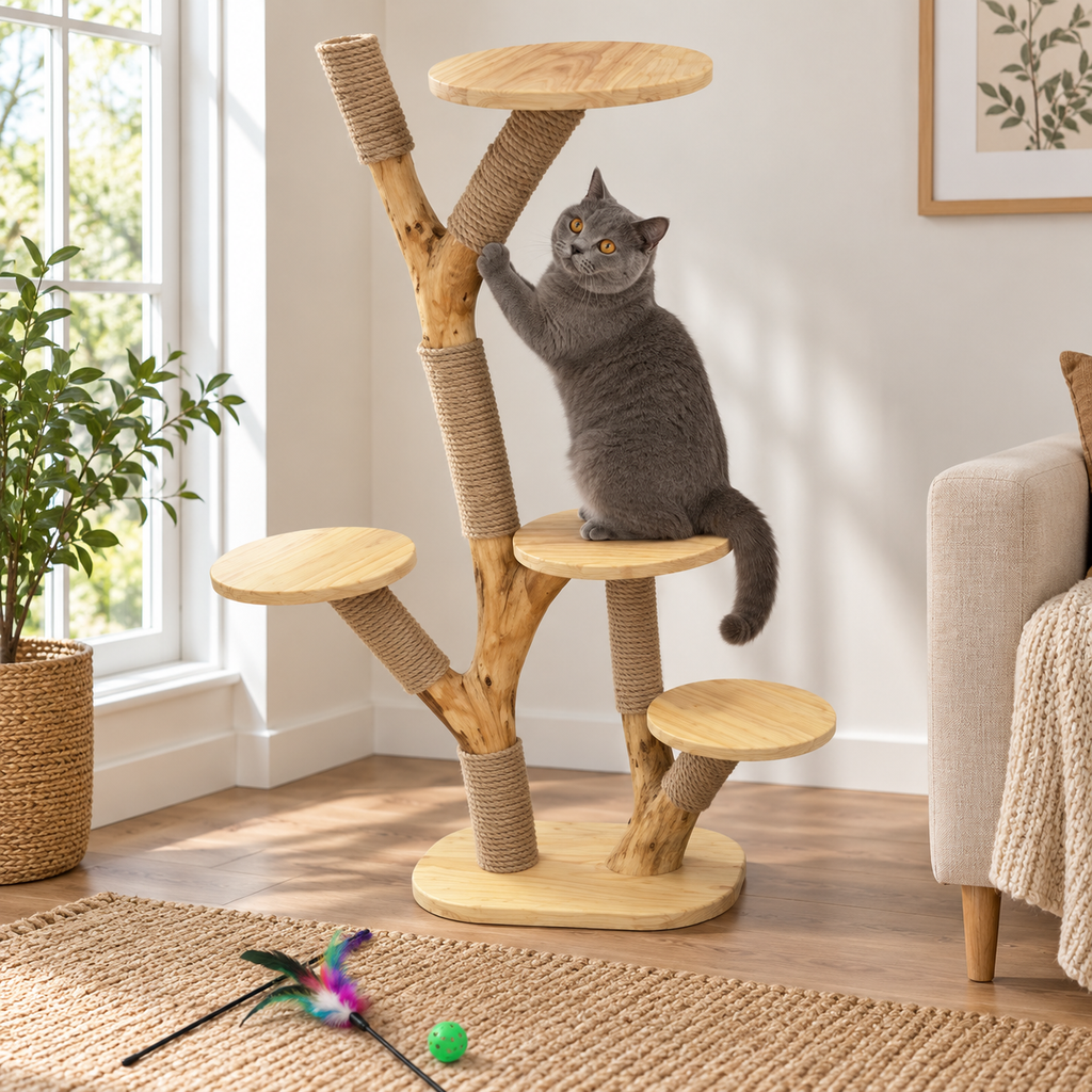 Natural Wood Cat Tree and Sisal Scratching Tower