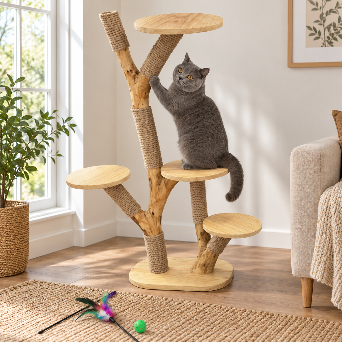 Natural Wood Cat Tree and Sisal Scratching Tower