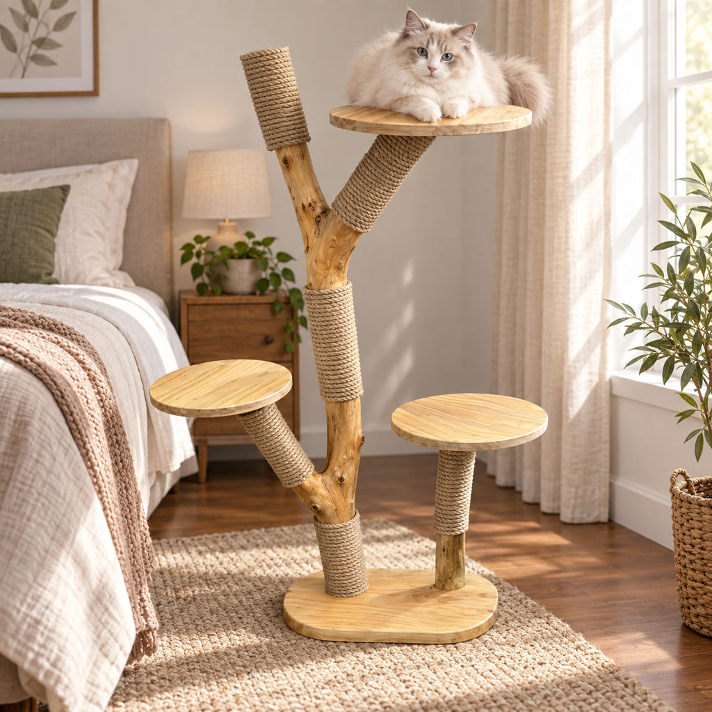 Natural Wood Cat Tree and Sisal Scratching Tower