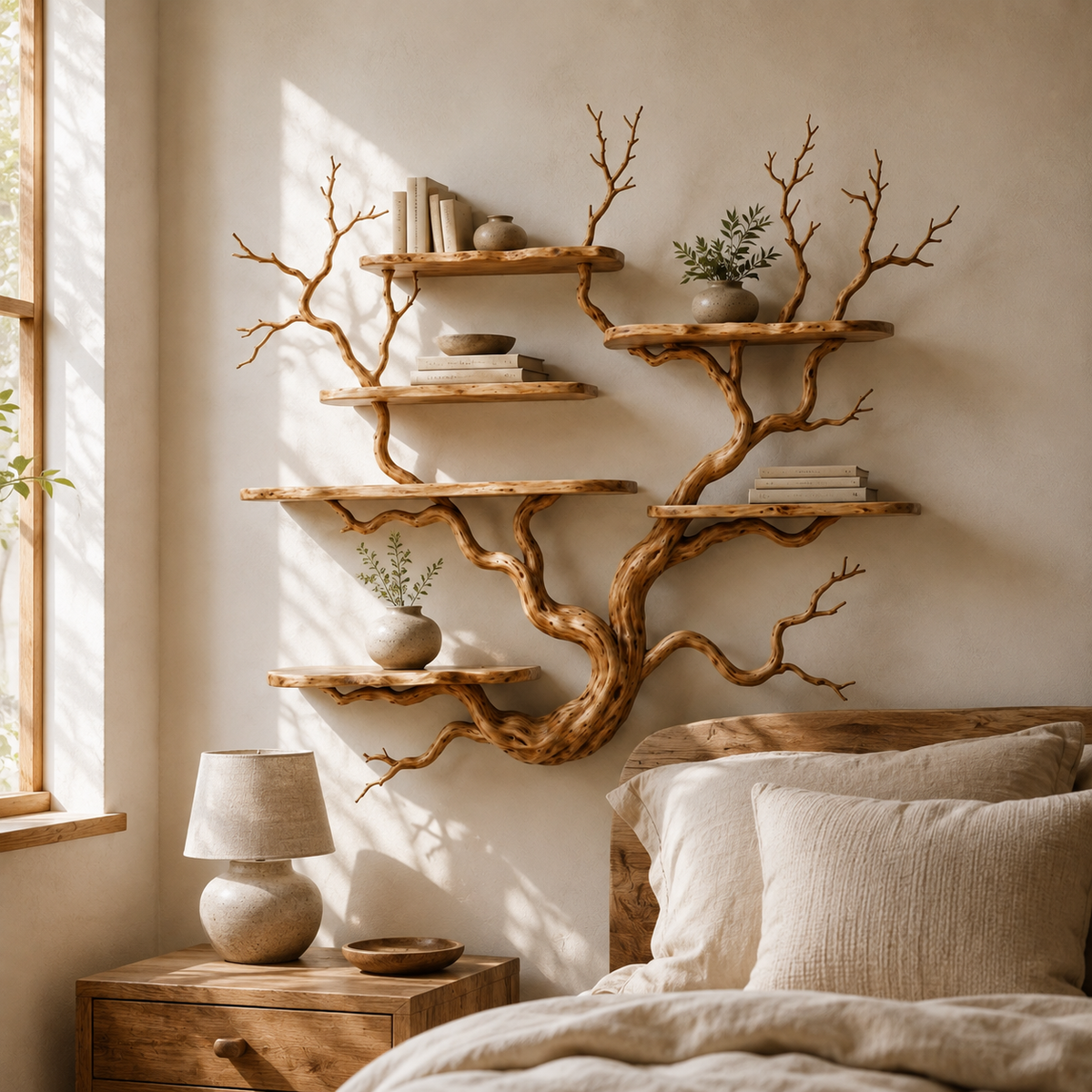 Natural Wood Tree Bookshelf – Large Wall Mounted Branch Shelf