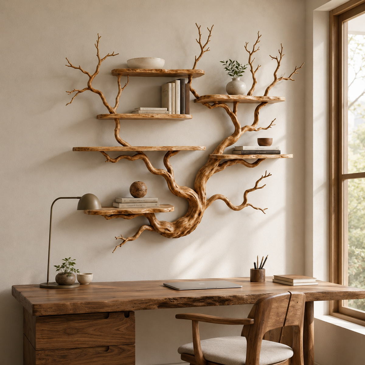 Natural Wood Tree Bookshelf – Large Wall Mounted Branch Shelf