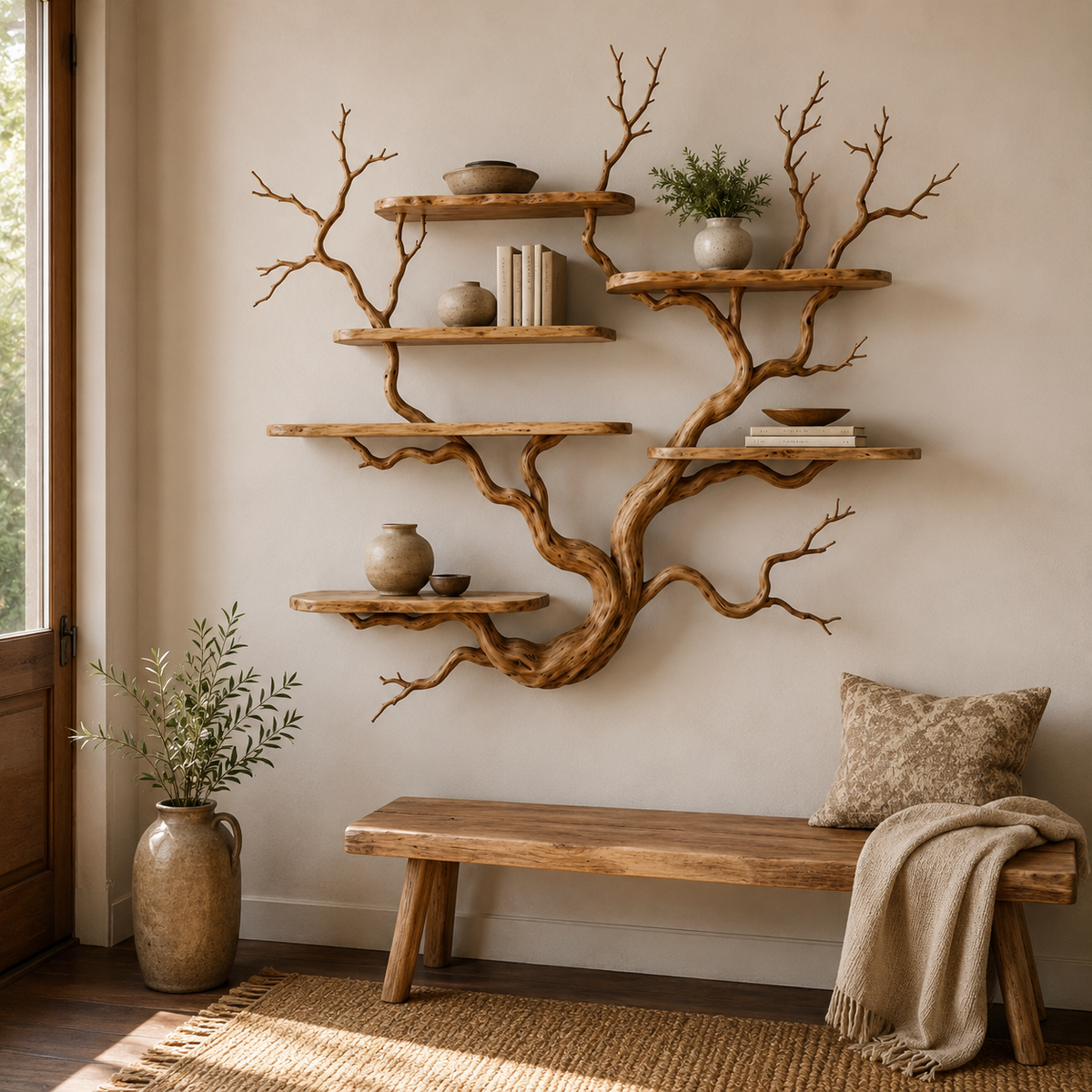 Natural Wood Tree Bookshelf – Large Wall Mounted Branch Shelf