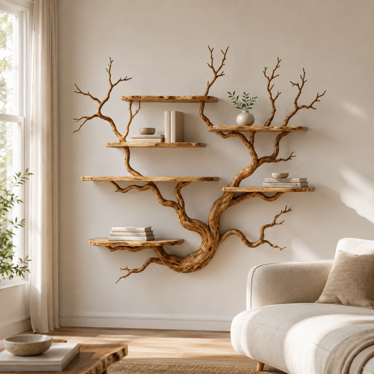 Natural Wood Tree Bookshelf – Large Wall Mounted Branch Shelf