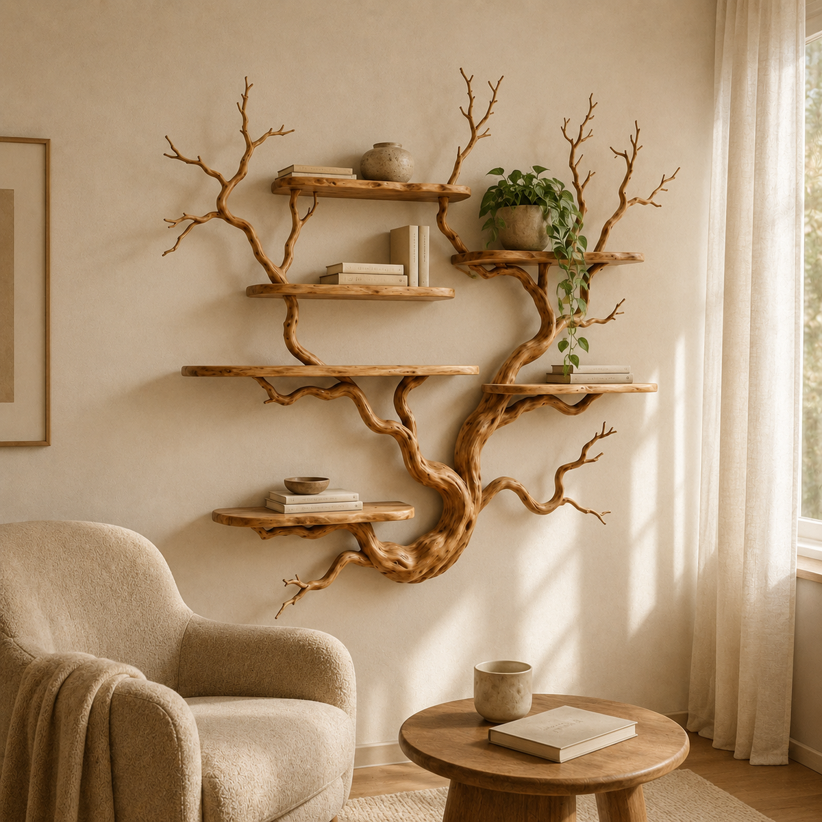 Natural Wood Tree Bookshelf – Large Wall Mounted Branch Shelf