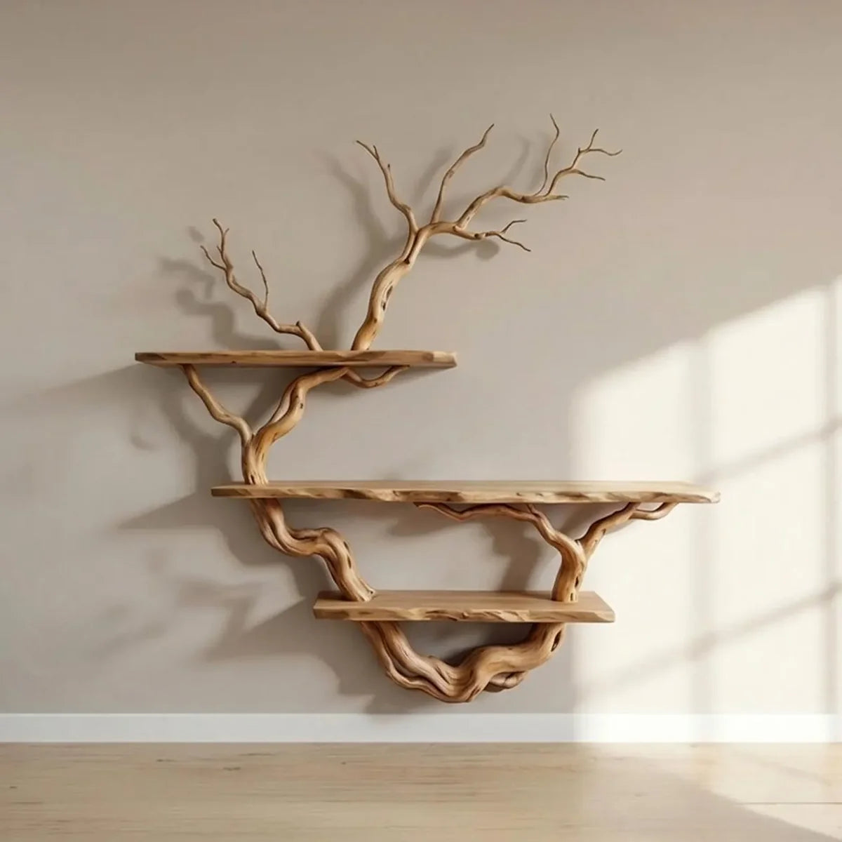 Rustic Tree Branch Bookshelf – Natural Wood Wall Shelf