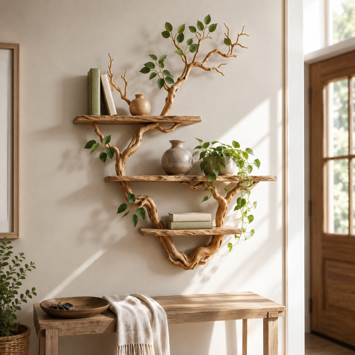 Rustic Tree Branch Bookshelf – Natural Wood Wall Shelf