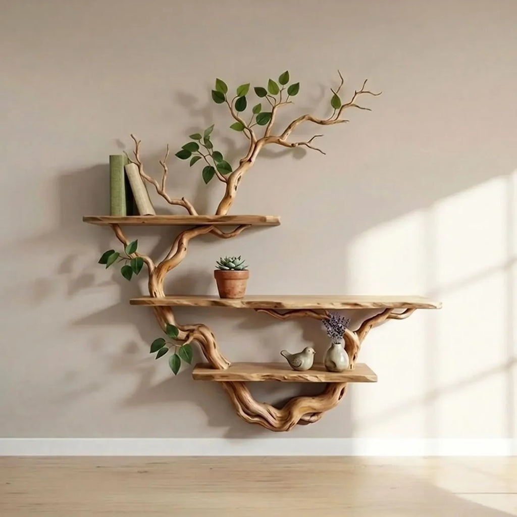 Rustic Tree Branch Bookshelf – Natural Wood Wall Shelf