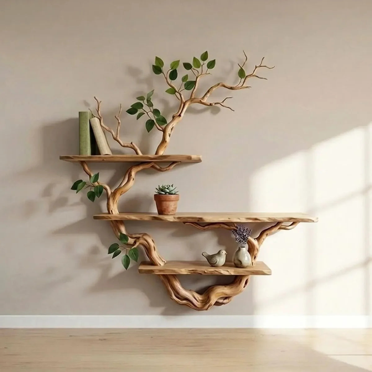Rustic Tree Branch Bookshelf – Natural Wood Wall Shelf