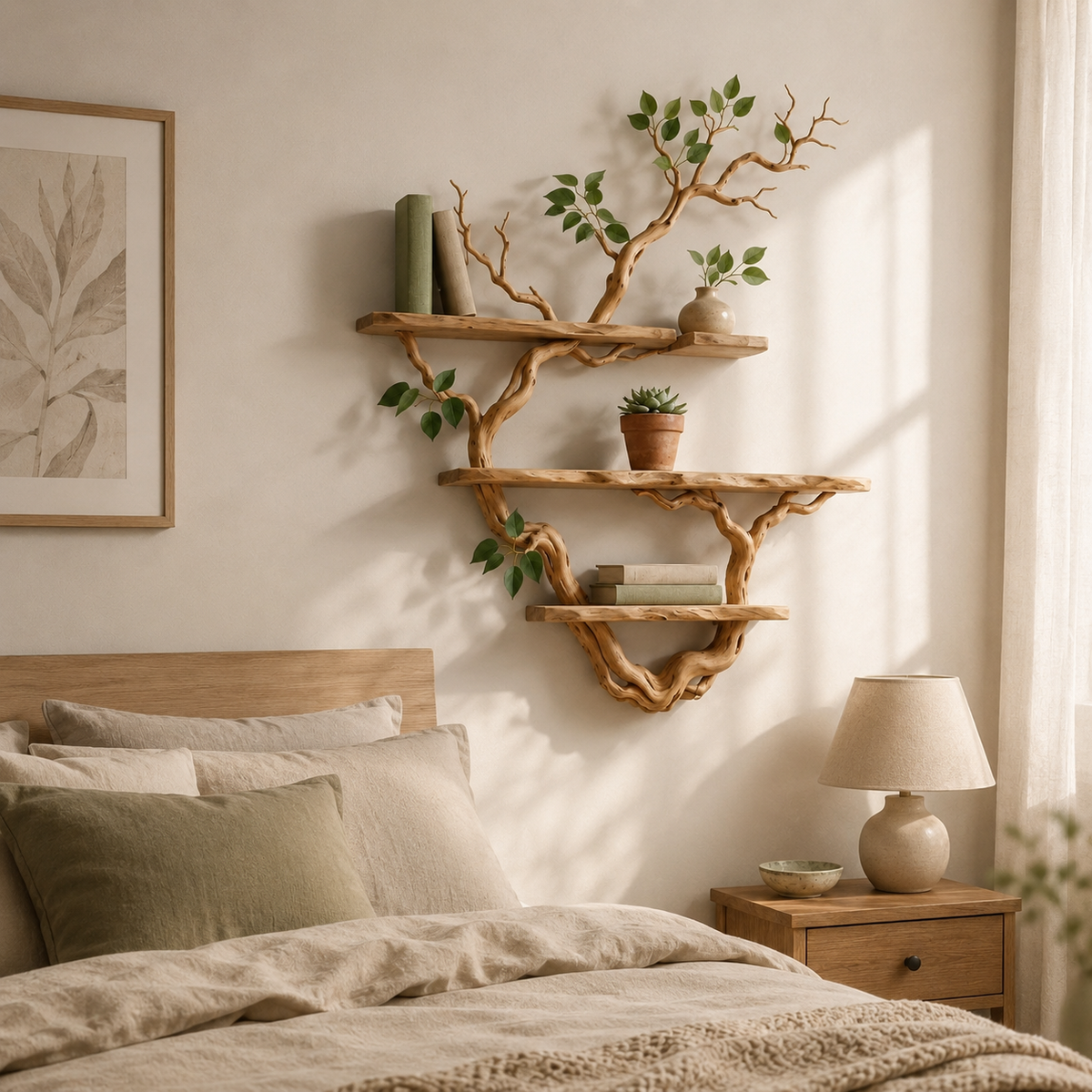 Rustic Tree Branch Bookshelf – Natural Wood Wall Shelf