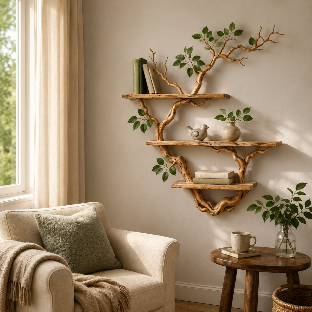 Rustic Tree Branch Bookshelf – Natural Wood Wall Shelf
