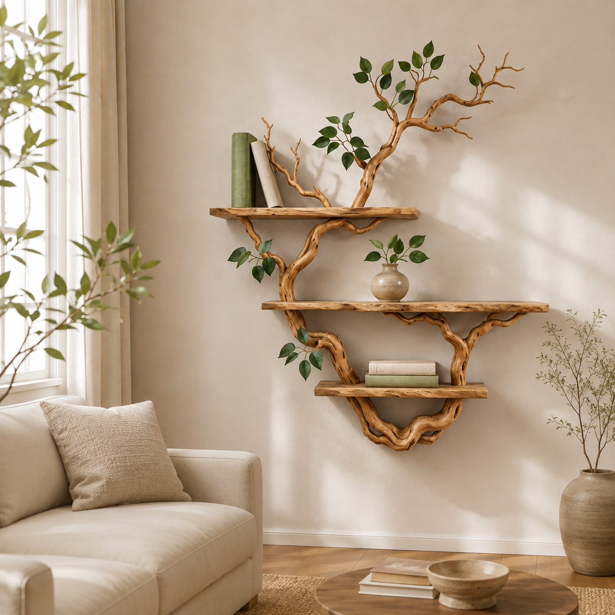 Rustic Tree Branch Bookshelf – Natural Wood Wall Shelf