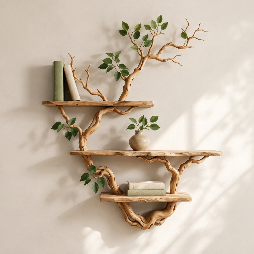 Rustic Tree Branch Bookshelf – Natural Wood Wall Shelf