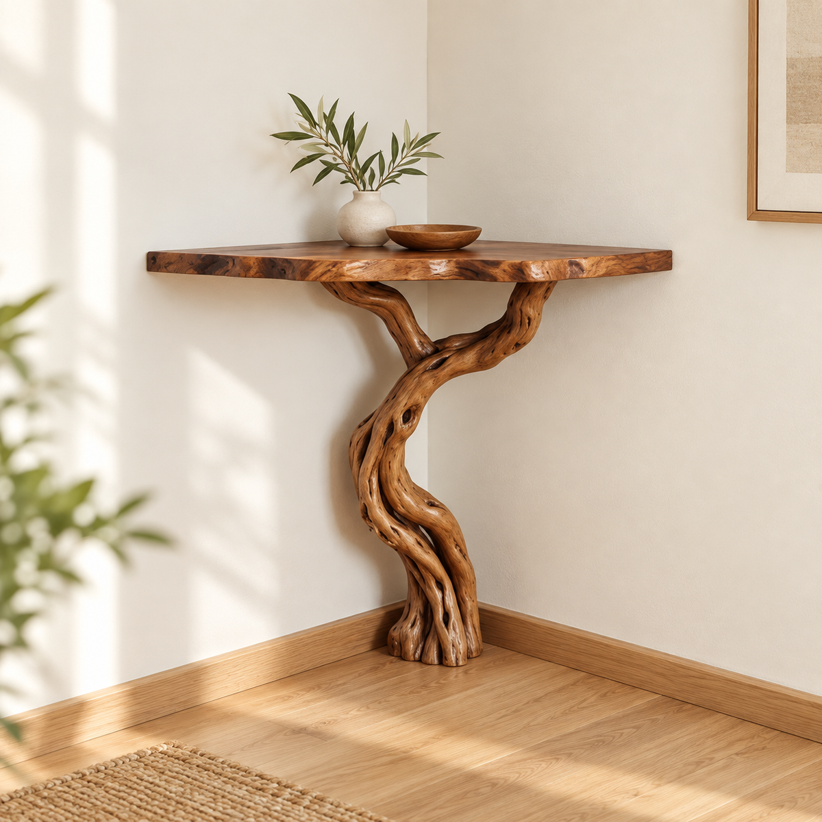 Sculptural Driftwood Corner Console Table