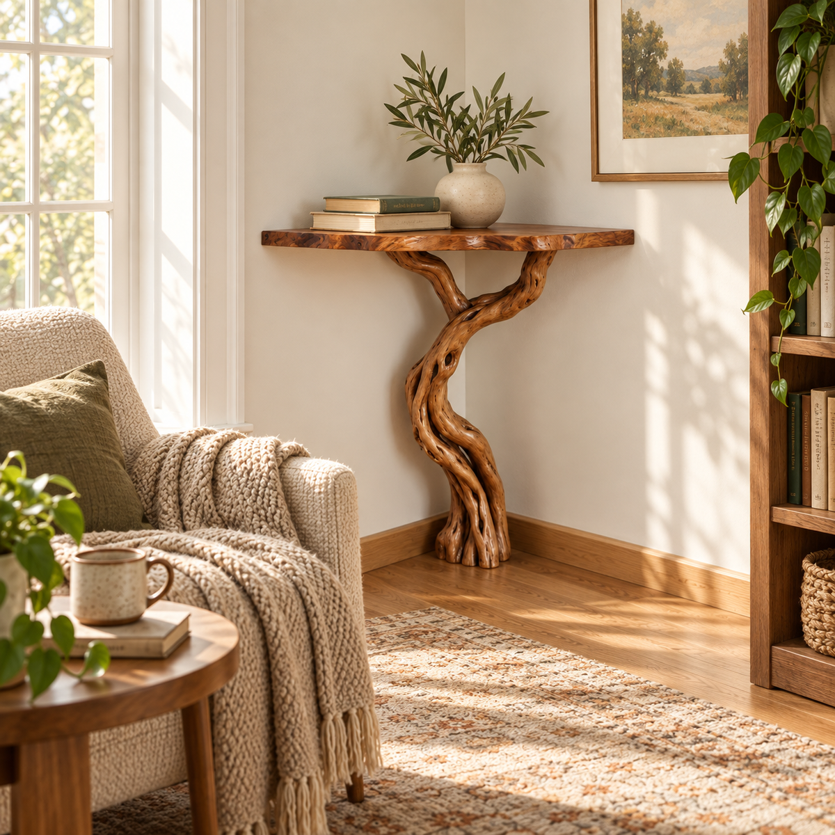 Sculptural Driftwood Corner Console Table