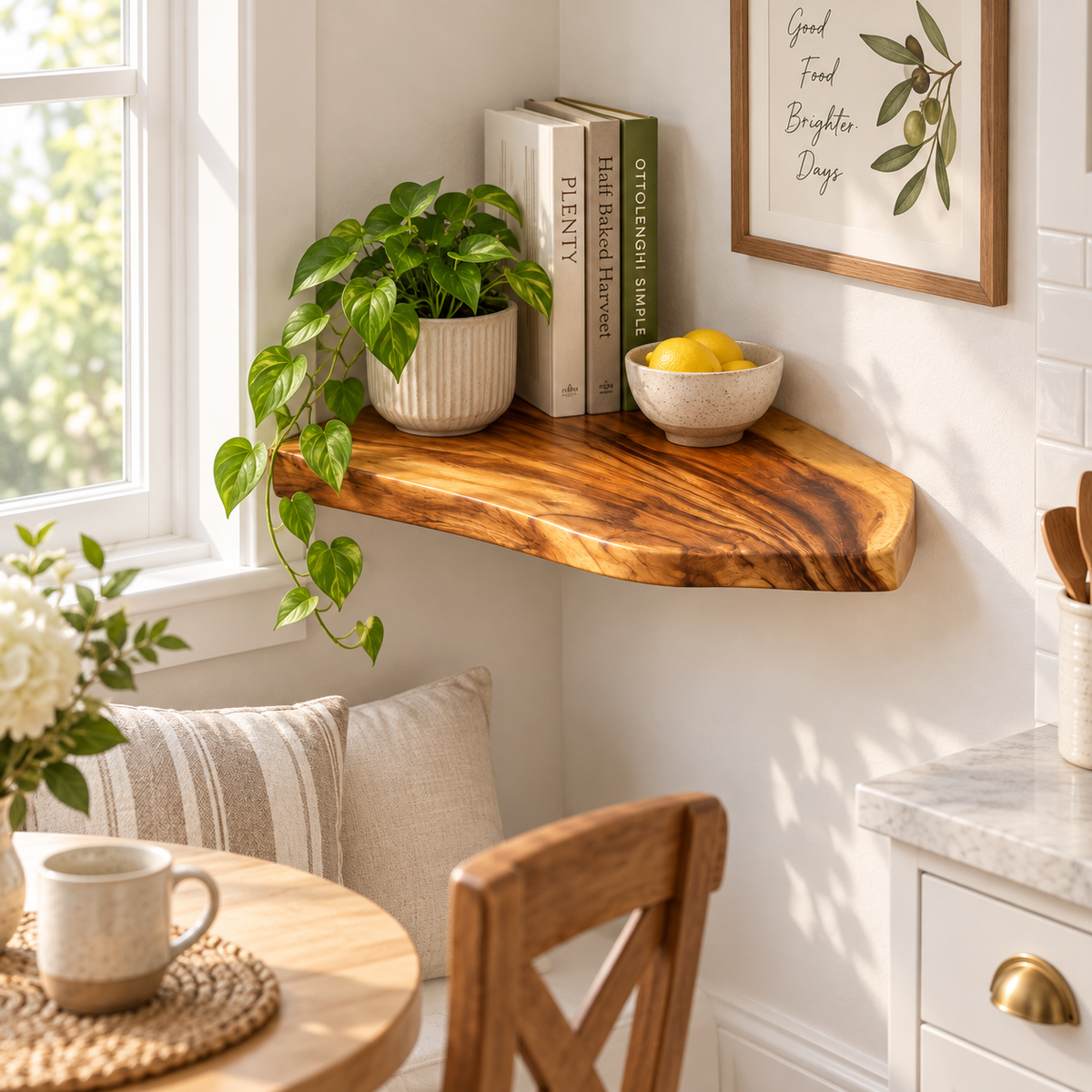 Solid Wood Corner Floating Shelves – Golden Grain, Set of 3 + Free Small Shelf