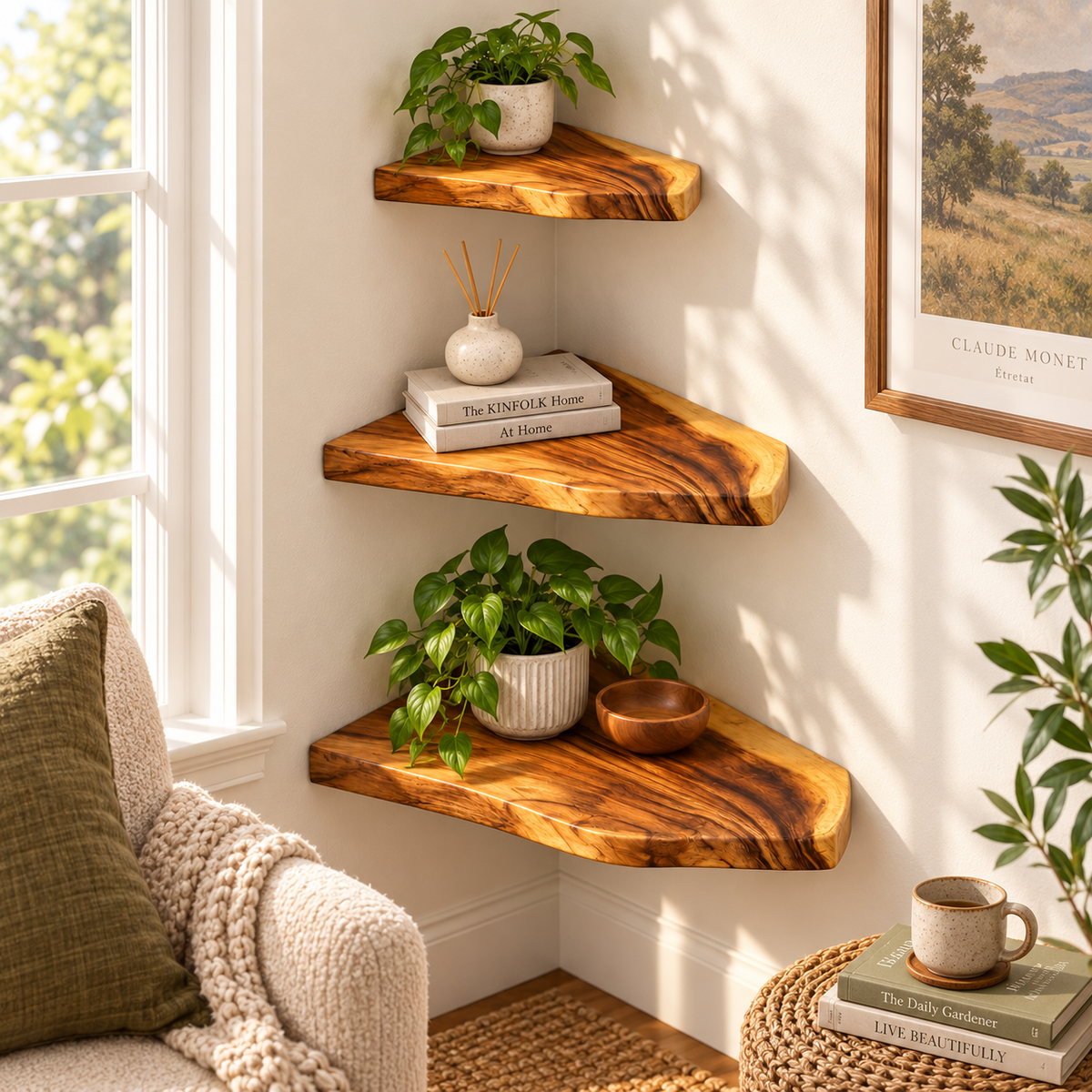 Solid Wood Corner Floating Shelves – Golden Grain, Set of 3 + Free Small Shelf