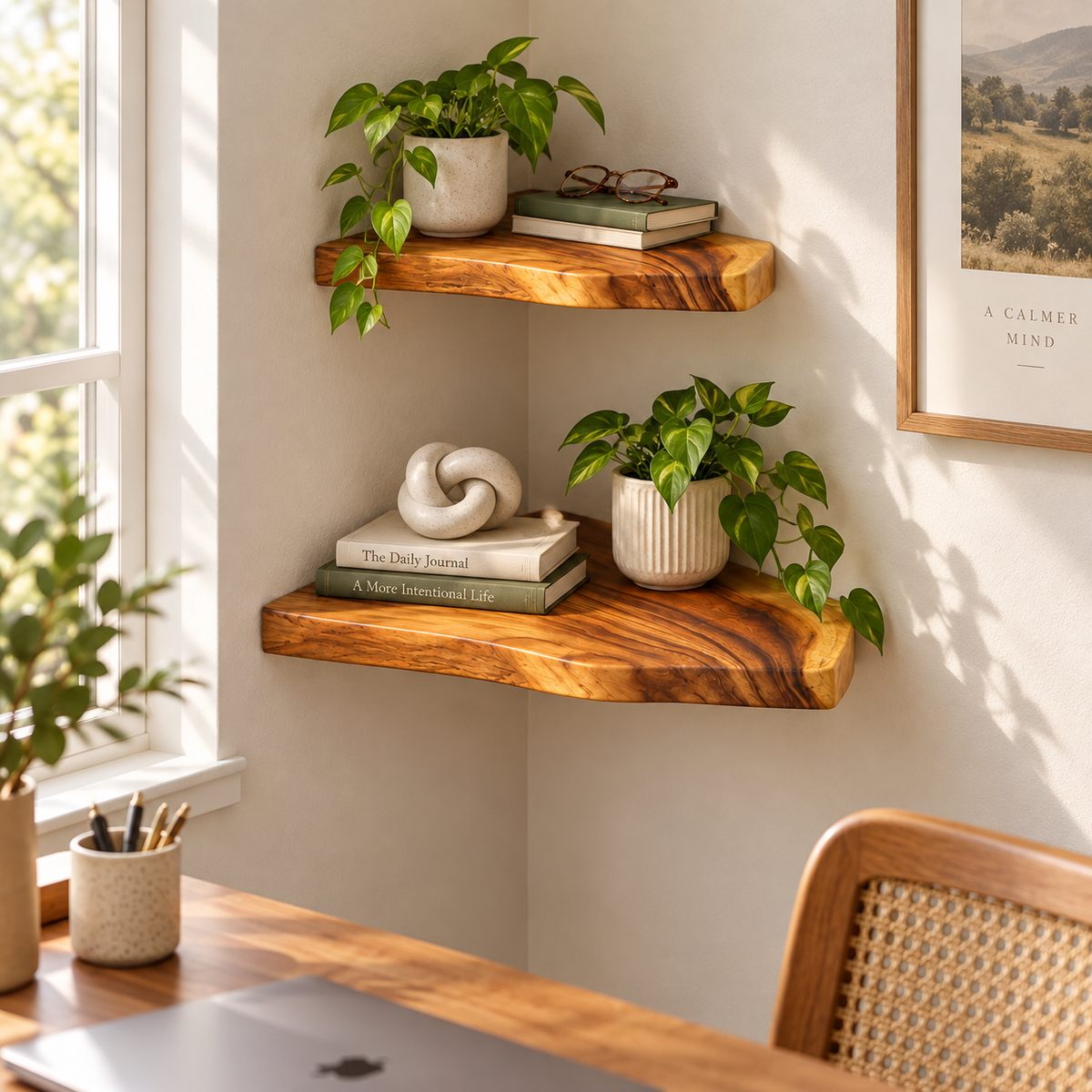 Solid Wood Corner Floating Shelves – Golden Grain, Set of 3 + Free Small Shelf