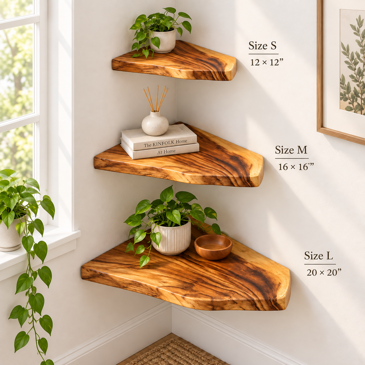 Solid Wood Corner Floating Shelves – Golden Grain, Set of 3 + Free Small Shelf